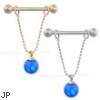 14K Gold nipple ring with dangling blue opal ball on chain, 14 ga