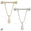 14K Gold nipple ring with dangling cursive initial E, 14 ga