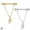 14K Gold nipple ring with dangling cursive initial F, 14 ga