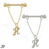 14K Gold nipple ring with dangling cursive initial H, 14 ga