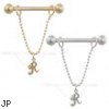 14K Gold nipple ring with dangling cursive initial R, 14 ga