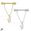 14K Gold nipple ring with dangling cursive initial Y, 14 ga