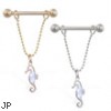 14K Gold nipple ring with dangling jeweled sea horse on chain, 14 ga