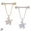 14K Gold nipple ring with dangling jeweled turtle, 14ga