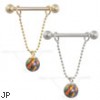 14K Gold nipple ring with dangling rainbow opal ball on chain, 14 ga