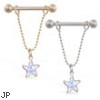 14K Gold nipple ring with dangling star on chain, 14 ga