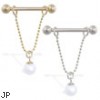 14K Gold nipple ring with dangling white pearl on chain, 14 ga