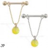 14K Gold nipple ring with dangling yellow opal ball on chain, 14 ga