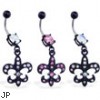 Belly ring with dangling black coated jeweled Fleur-De-Lis