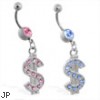 Belly ring with dangling jeweled dollar sign