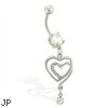 Belly ring with dangling jeweled double hearts with tiny CZ