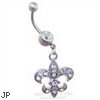 Belly ring with dangling jeweled fleur-de-lis