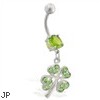 Belly ring with dangling jeweled four leaf clover