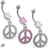 Belly ring with dangling jeweled peace sign