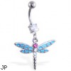 Belly ring with dangling lt blue and pink dragonfly