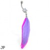 Belly ring with dangling pink and purple feathers