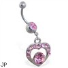 Belly ring with dangling pink jeweled heart with gem