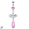 Belly ring with dangling princess cut fan and large pink stone