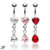 Belly ring with jeweled heart and dangling jeweled teardrop