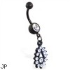 Black coated belly ring with jeweled teardrop dangle