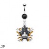 Black jeweled navel ring with dangling black and yellow enameled crown