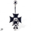 Cross navel ring with door knocker skull