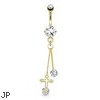 Cross with Large Round CZ Attached By Chain String Dangle Gold Tone Navel Ring