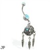 Double jeweled aqua belly ring with dangling dream catcher and feathers