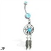 Double jeweled aqua belly ring with dangling dream catcher and feathers