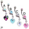 Double jeweled navel ring with dangling colorful crystal prism heart