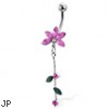 Flower belly button ring with gems and leaves on a dangle