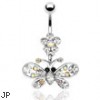 Flower navel ring with multi-gemmed dangling butterfly