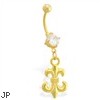 Gold Tone belly button ring with dangling fleur-de-lis