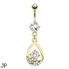 Hollowed Tear Drop with Paved Gems And Attached Large CZ In The Middle Dangle Gold Tone Navel Ring