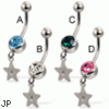 Jeweled belly button ring with dangling gemmed star