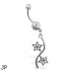 Jeweled belly button ring with double pave jeweled star dangle