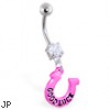 Jeweled belly ring with dangling "Good Luck" horseshoe