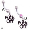 Jeweled belly ring with dangling black "F*CK OFF"