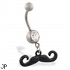 Jeweled belly ring with Dangling Black Curly Mustache