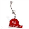 Jeweled belly ring with dangling red barn