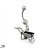 Jeweled belly ring with Dangling Wheel Barrow