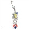 Jeweled belly ring with flower dangles and chains