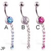 Jeweled belly ring with single jeweled dangle