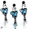 Jeweled butterfly belly ring with dangling stones