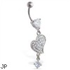 Jeweled heart belly ring with dangling heart and gem