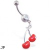 Jeweled navel ring with dangling red cherries with gem