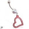 Jeweled navel ring with dangling red jeweled heart