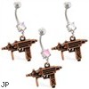 Jeweled navel ring with dangling uzi gun