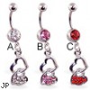 Jeweled navel ring with double heart dangle