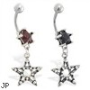 Jeweled star navel ring with dangling pentacle star